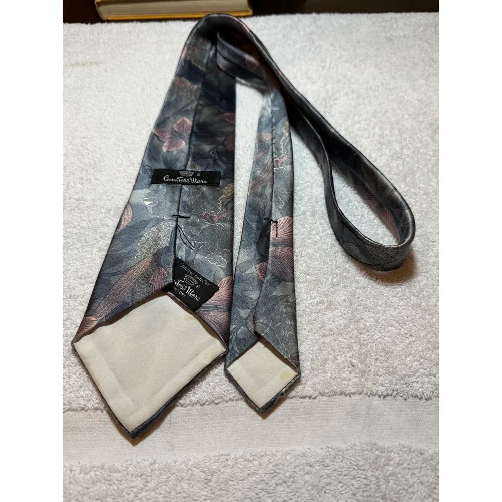 Countess Mara Sistine Satin Silk Tie Grey Mauve Floral Leaf Vintage Mens Tie